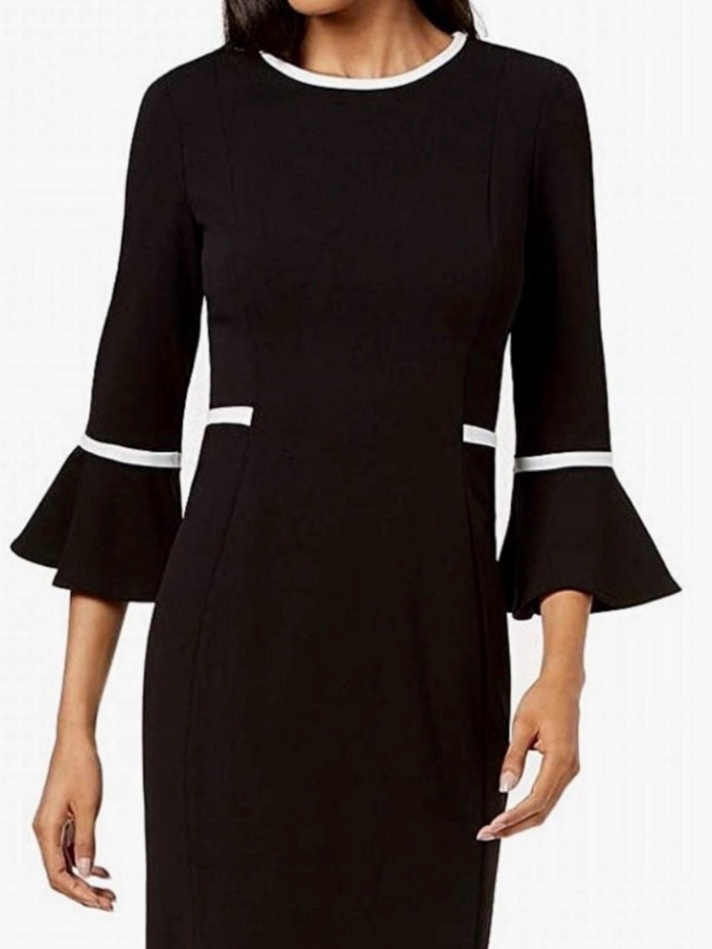 Calvin Klein Stunning Classic Black/ White  Trim Dress with Bell Sleeve